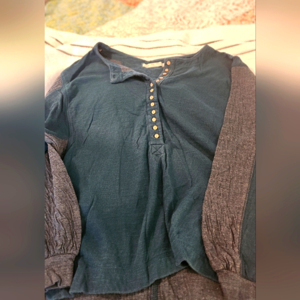 Free People Teal and Gray Long Sleeve Henley Top